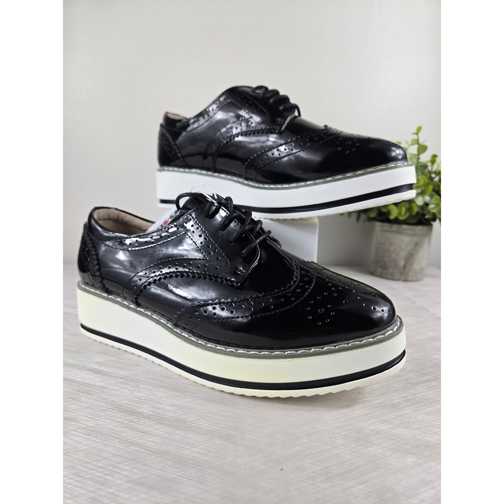 DADAWEN Black Patent Wingtip Platform Oxfords Brogue Lace Up Chunky Shoes Womens